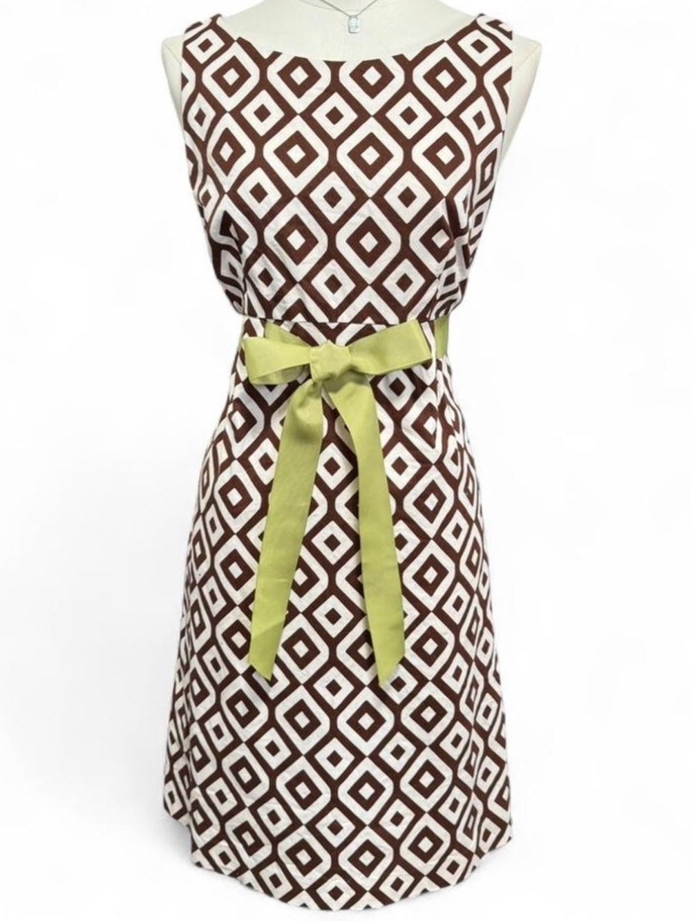 Jessica Howard Brown and White Geometric Sleeveless Mini with Green Bow